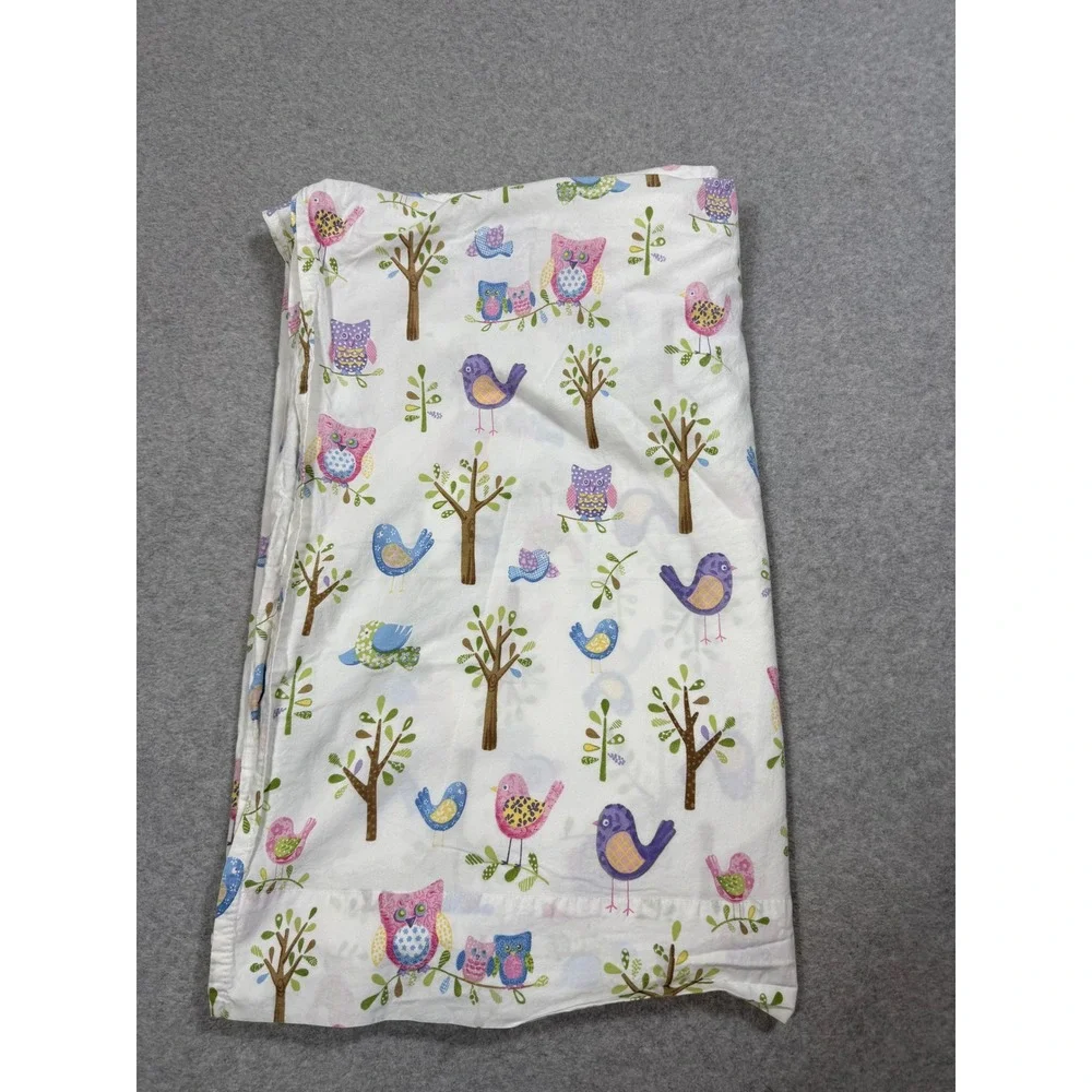 Pottery Barn Kids Twin Flat Sheet Organic Cotton Owl Bird Woodland Print White